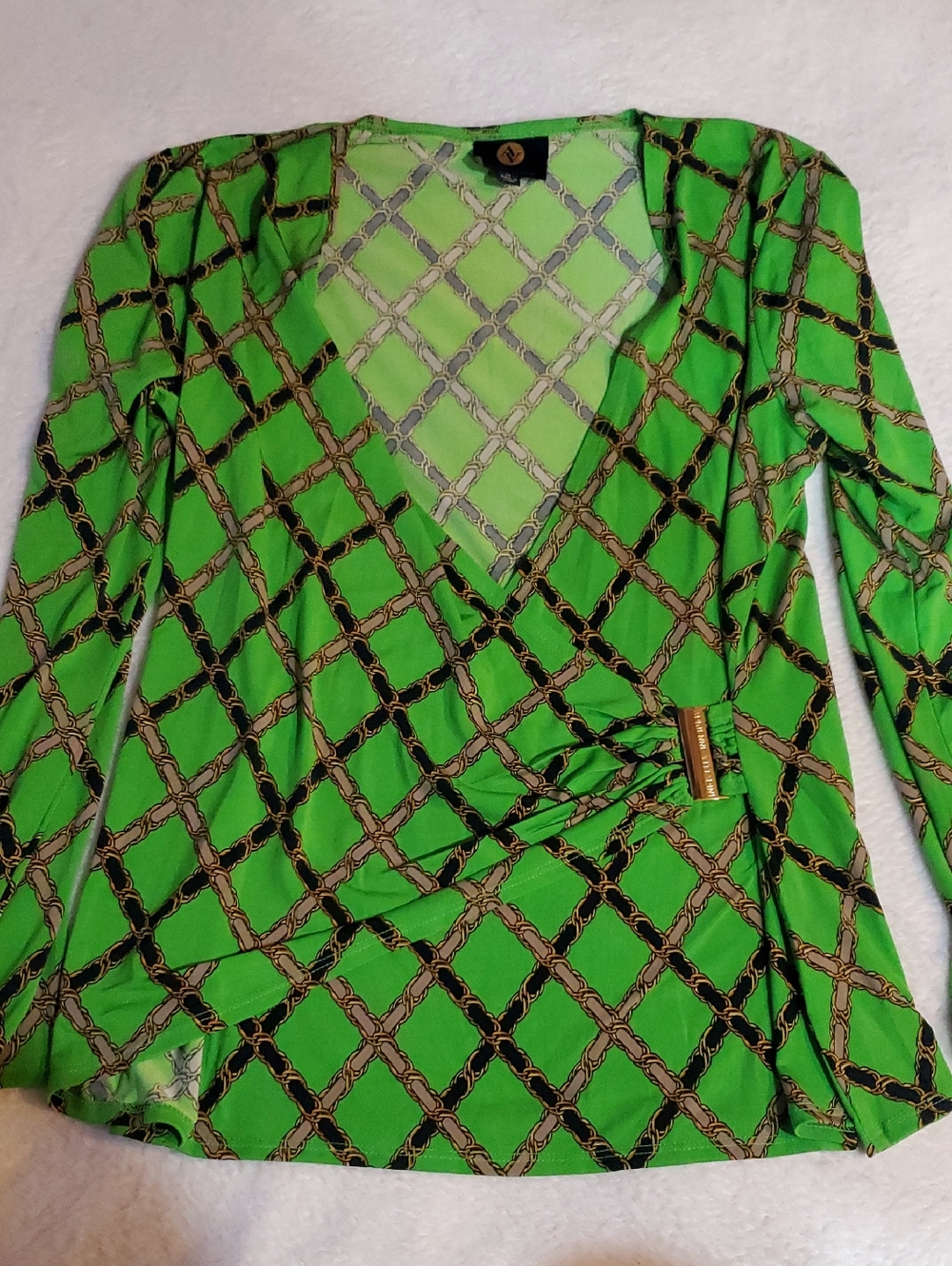 Adrienne Vittadini Green Chain-Print Wrap Top